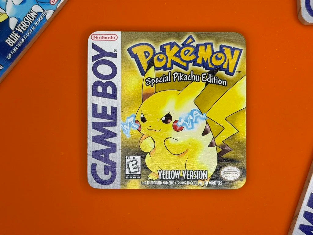 Pokémon Retro Game Boy Coaster Set with 3D Printed Holder - Red, Blue, Green & Yellow Versions | Wooden Gaming Coasters