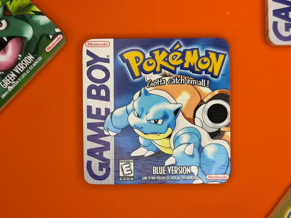 Pokémon Retro Game Boy Coaster Set with 3D Printed Holder - Red, Blue, Green & Yellow Versions | Wooden Gaming Coasters