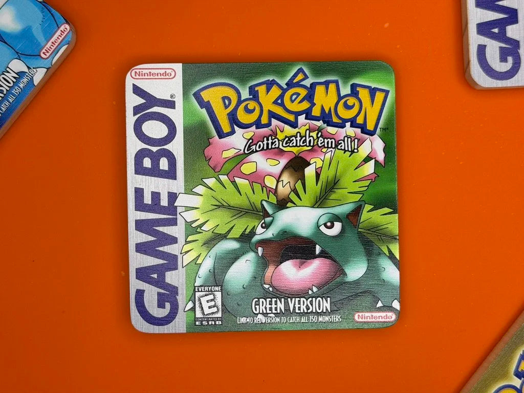 Pokémon Retro Game Boy Coaster Set with 3D Printed Holder - Red, Blue, Green & Yellow Versions | Wooden Gaming Coasters