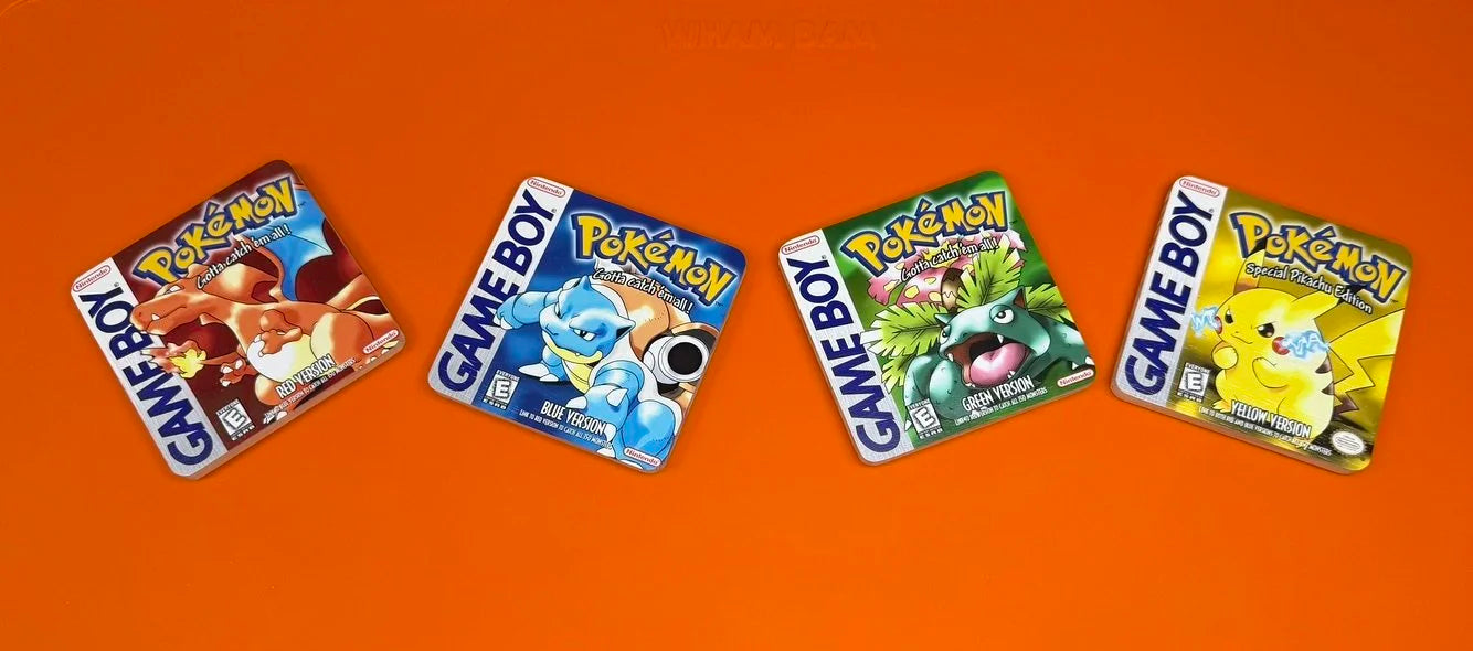 Pokémon Retro Game Boy Coaster Set with 3D Printed Holder - Red, Blue, Green & Yellow Versions | Wooden Gaming Coasters